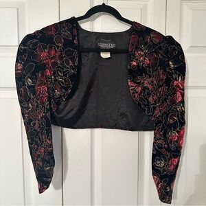 Vintage Steppin Out Jacket Womens 7 Black Floral Velvet Cropped Bolero 80s Party